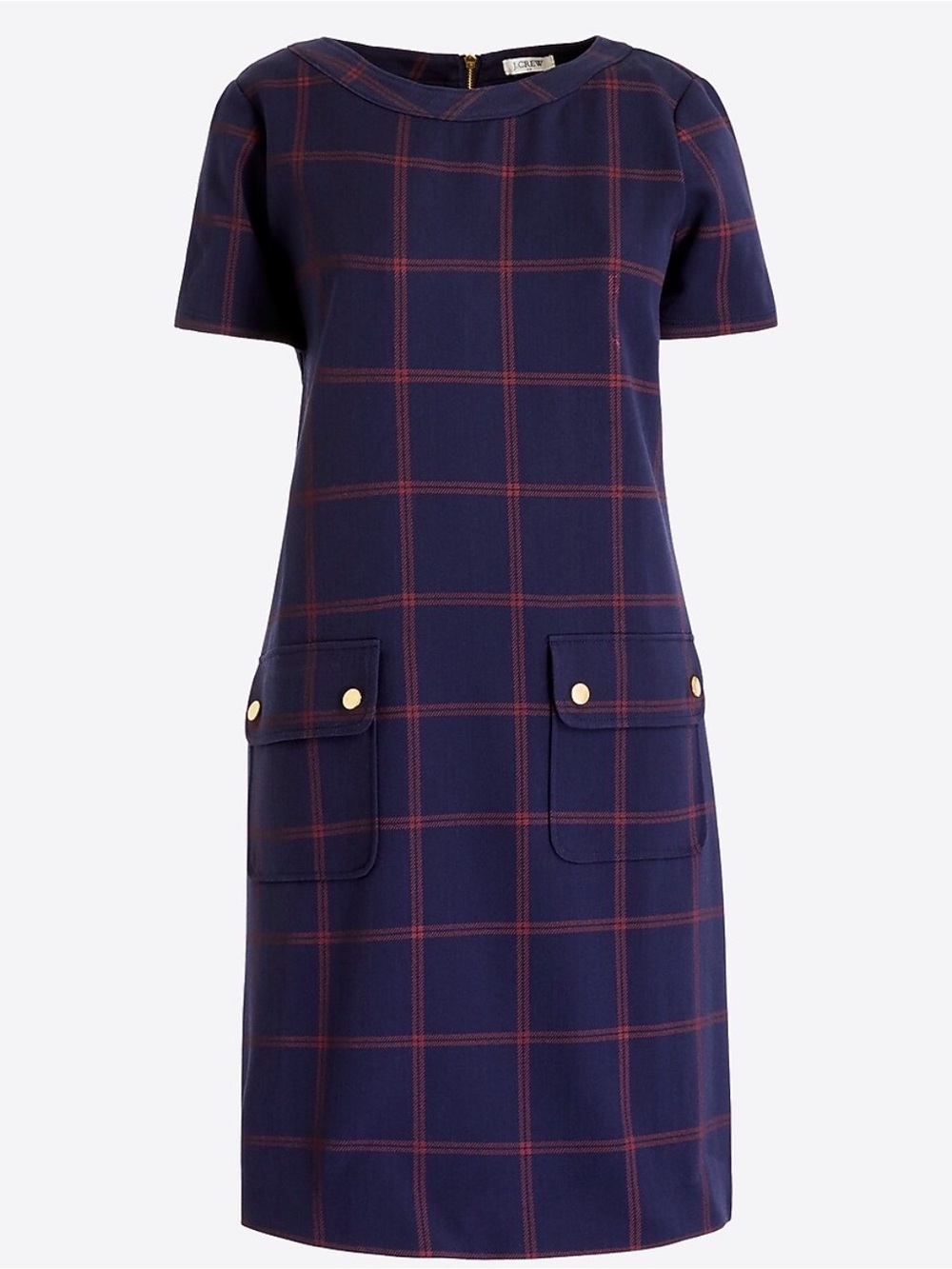 J. Crew Factory Navy Plaid Short-Sleeve Shift Dress with Gold Buttons